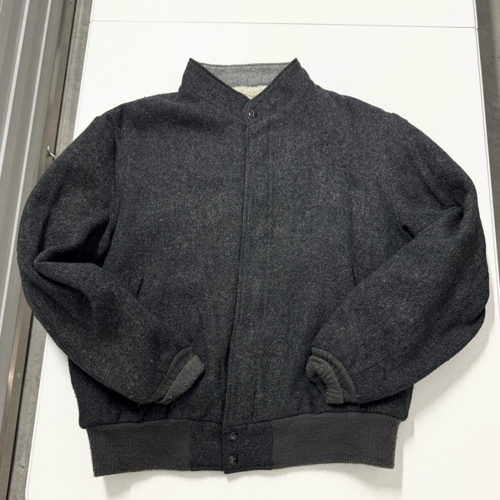 Vintage Field & Stream Wool Bomber Jacket Mens Charcoal Sherpa Lined Mock Neck